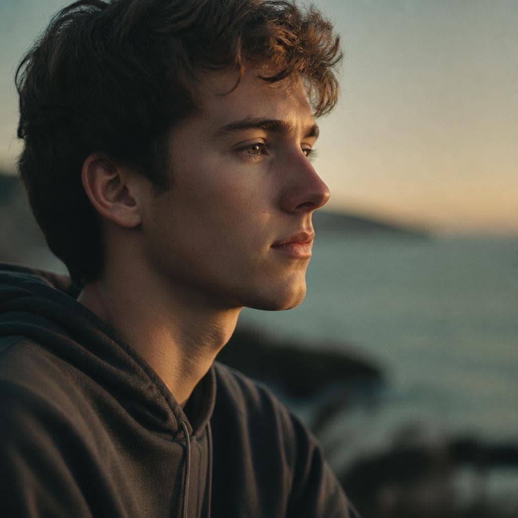 A young man in profile looking toward the horizon at dusk