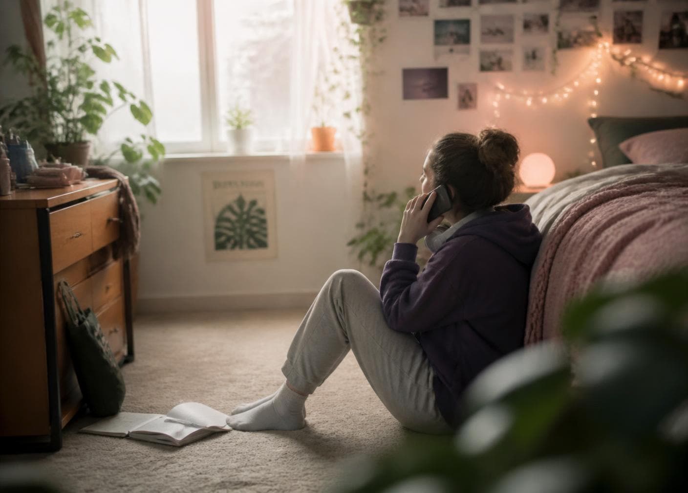 A young woman sitting by a window, talking quietly on the phone