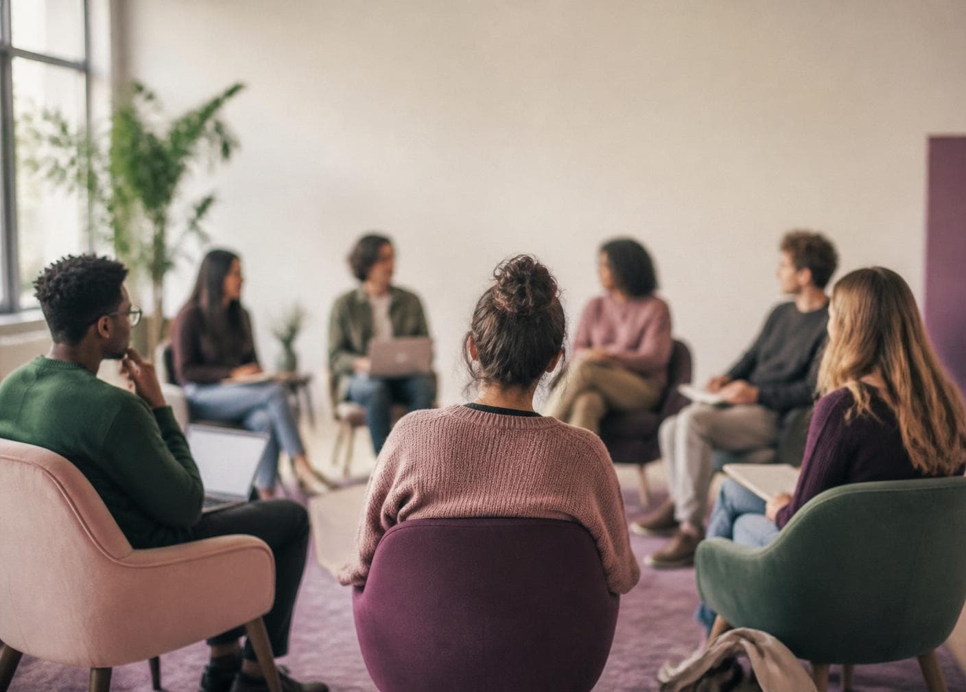 Advocates seated together in a warm training room, listening to a facilitator