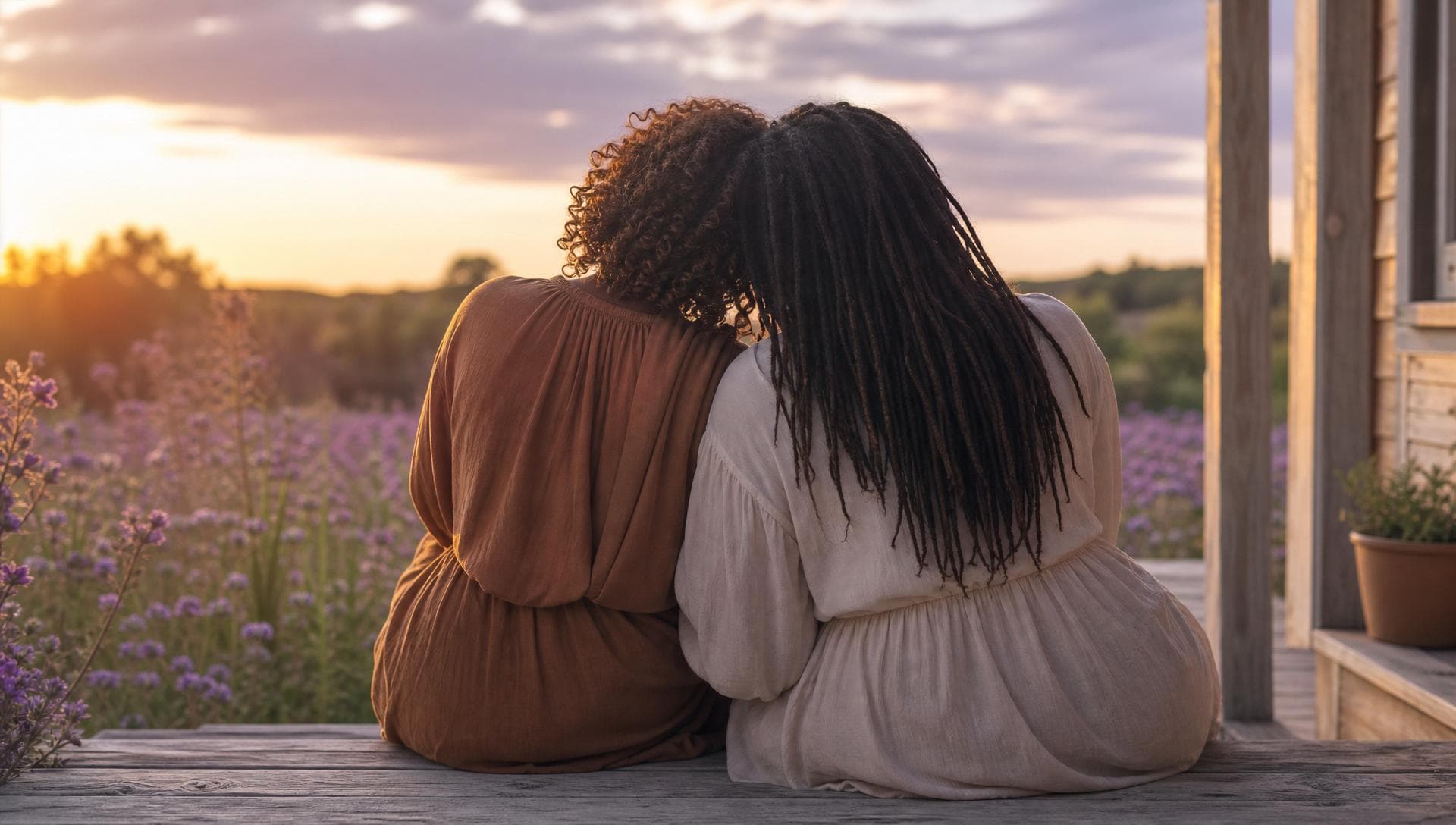 Two people sitting close together at sunset, finding comfort in one another